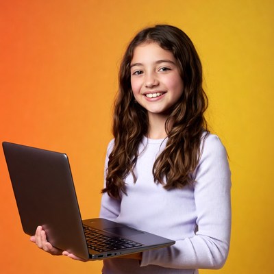 Girl holding laptop on orange background
