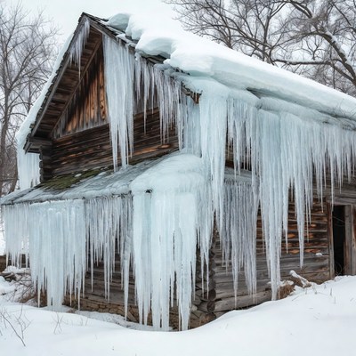 Snowy Wooden Cabin with Icicles