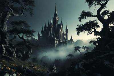 Gothic Castle in Foggy Forest