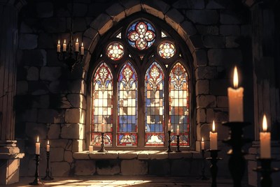 Gothic Stained Glass Window with Candles