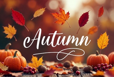 Autumn Text with Falling Leaves and Pumpkins