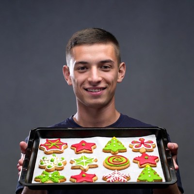 Young man holding Christmas cookies