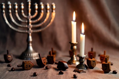 Hanukkah Menorah with Dreidels and Candles