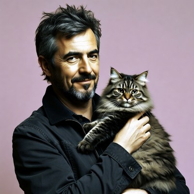 Man holding fluffy gray cat