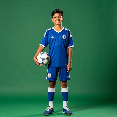 Young boy in blue soccer uniform holding ball