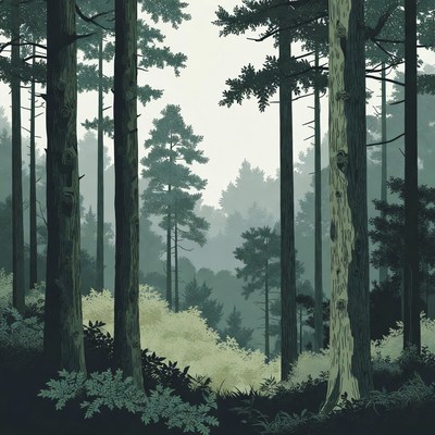 Tall Pine Trees in Misty Forest