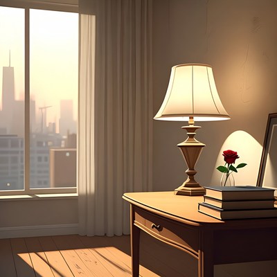 Cozy Desk with Lamp and City View