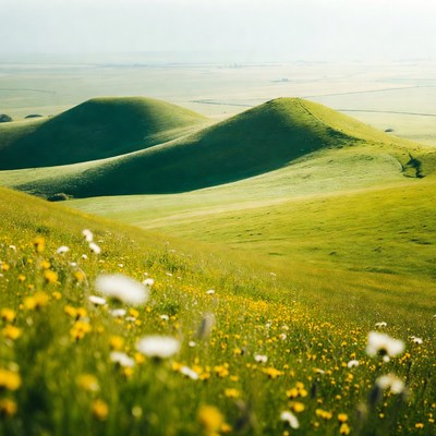 Green Rolling Hills with Wildflowers