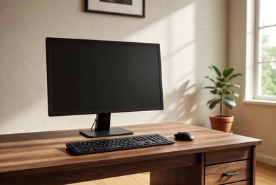 Black monitor on wooden desk