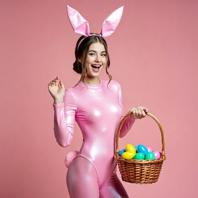Woman in pink bunny costume holding Easter basket