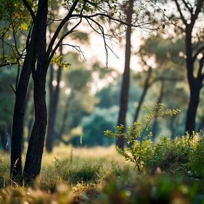 Sunlit Forest with Tall Trees and Grass