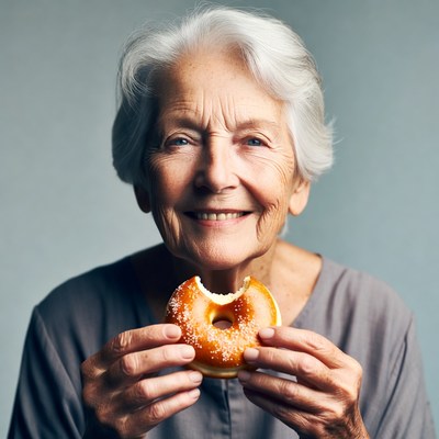 Elderly woman holding bitten donut