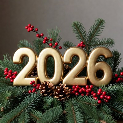 Golden 2026 Numbers with Christmas Greenery