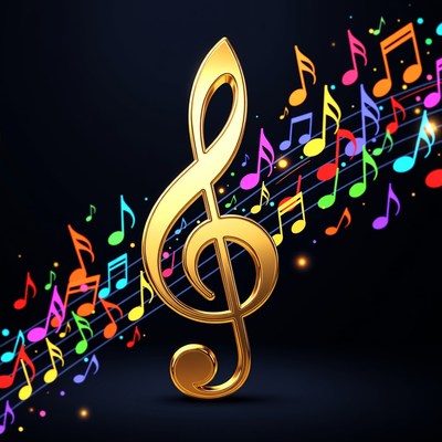 Golden Treble Clef with Colorful Notes