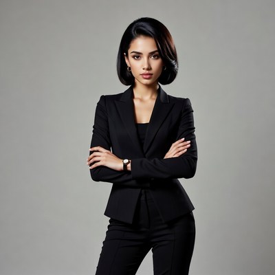 Asian woman in black suit arms crossed