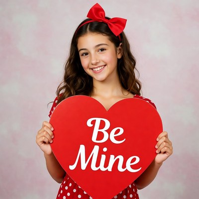 Girl holding Be Mine heart sign