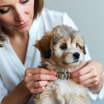 Woman putting collar on puppy