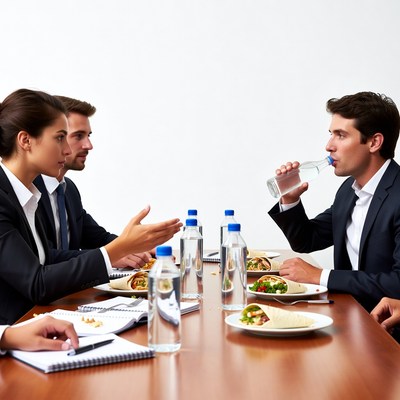 Business professionals eating at meeting table