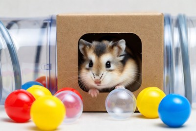 Hamster peeking from cardboard box