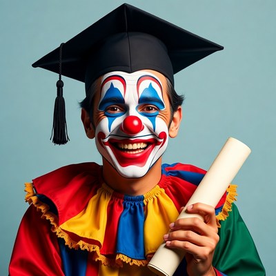 Clown holding graduation diploma