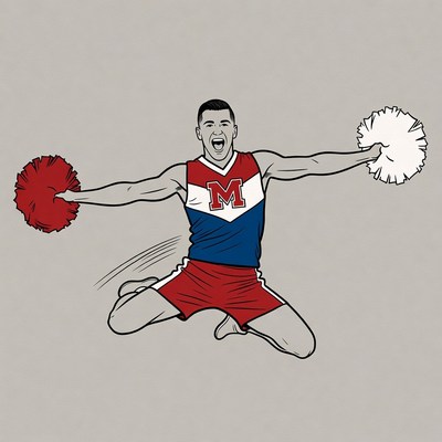 Male cheerleader jumping with pom poms