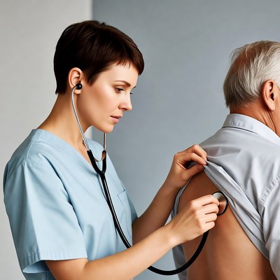Nurse listening to elderly man's heartbeat