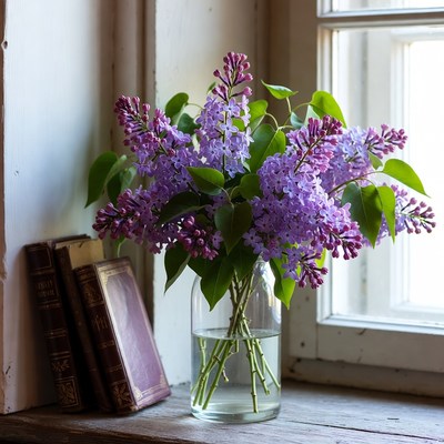 Lilac Bouquet in Glass Vase by Window
