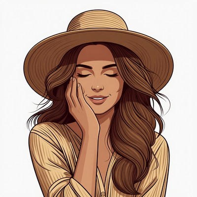 Woman touching face wearing straw hat