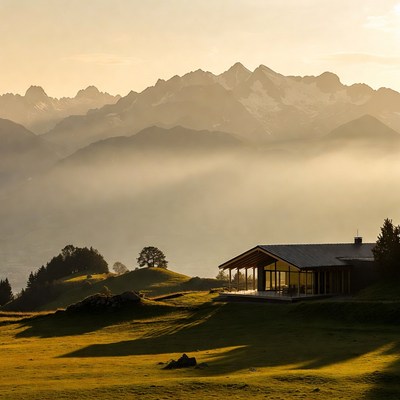 Modern House on Green Hill with Snowy Mountains