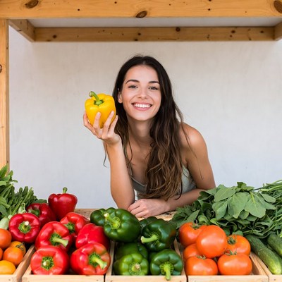 Smiling woman holding yellow pepper at market