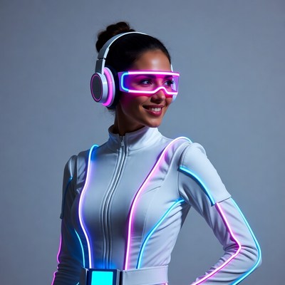 Woman in neon cyberpunk suit with headphones