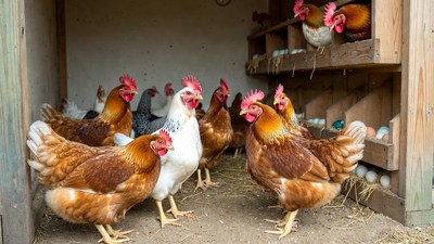 Chickens in coop with eggs