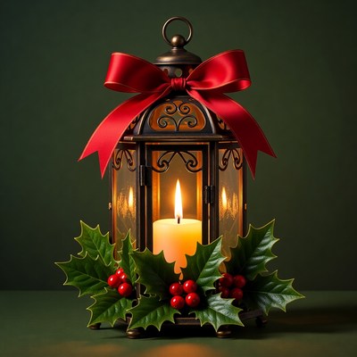 Christmas Lantern with Holly and Candle