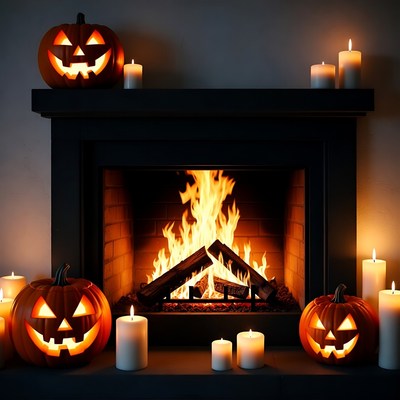 Halloween Fireplace with Jack-o-Lanterns