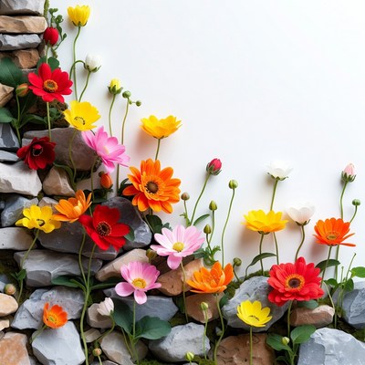 Colorful Daisies on Stone Wall