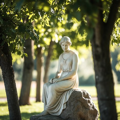 Marble Statue Woman Sitting on Rock