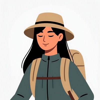 Asian woman wearing backpack and hat