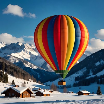 Colorful hot air balloon over snowy mountains