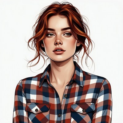 Redhead woman in plaid shirt