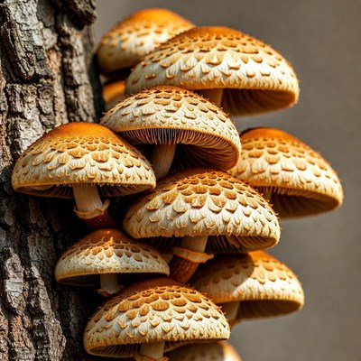 Cluster of orange mushrooms on tree trunk