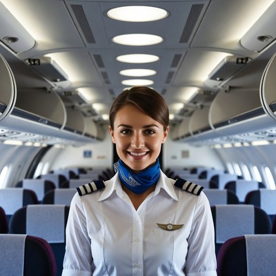 Smiling flight attendant in airplane cabin