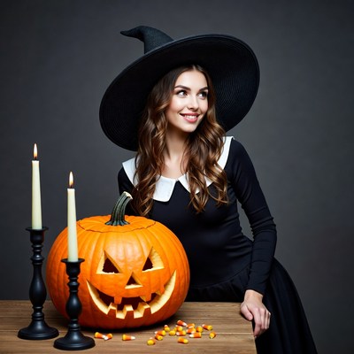 Woman in witch hat with jack-o-lantern
