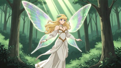 Blonde fairy with wings in forest
