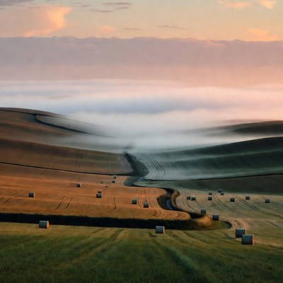 Hay bales in misty rolling fields