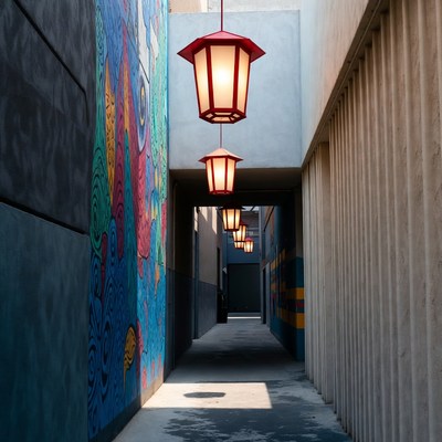 Colorful Mural Alley with Red Lanterns