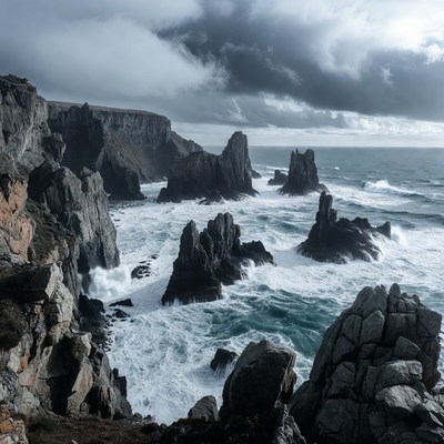 Stormy Sea Crashing Against Rugged Cliffs