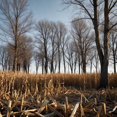 Bare Trees in Corn Stubble Field