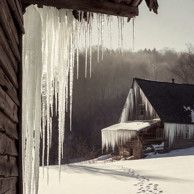 Icicles Hanging from Wooden Cabin Roof