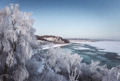 Frosty Trees Over Frozen River Landscape