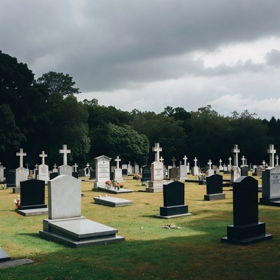 Graveyard with tombstones under cloudy sky